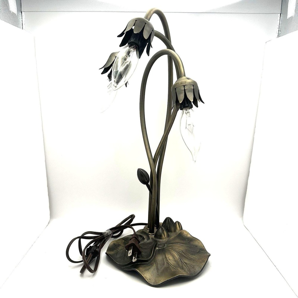 Vintage Lily Pad Tulip Table Lamp 3 Light Brass Tone Art Nouveau 16.5"